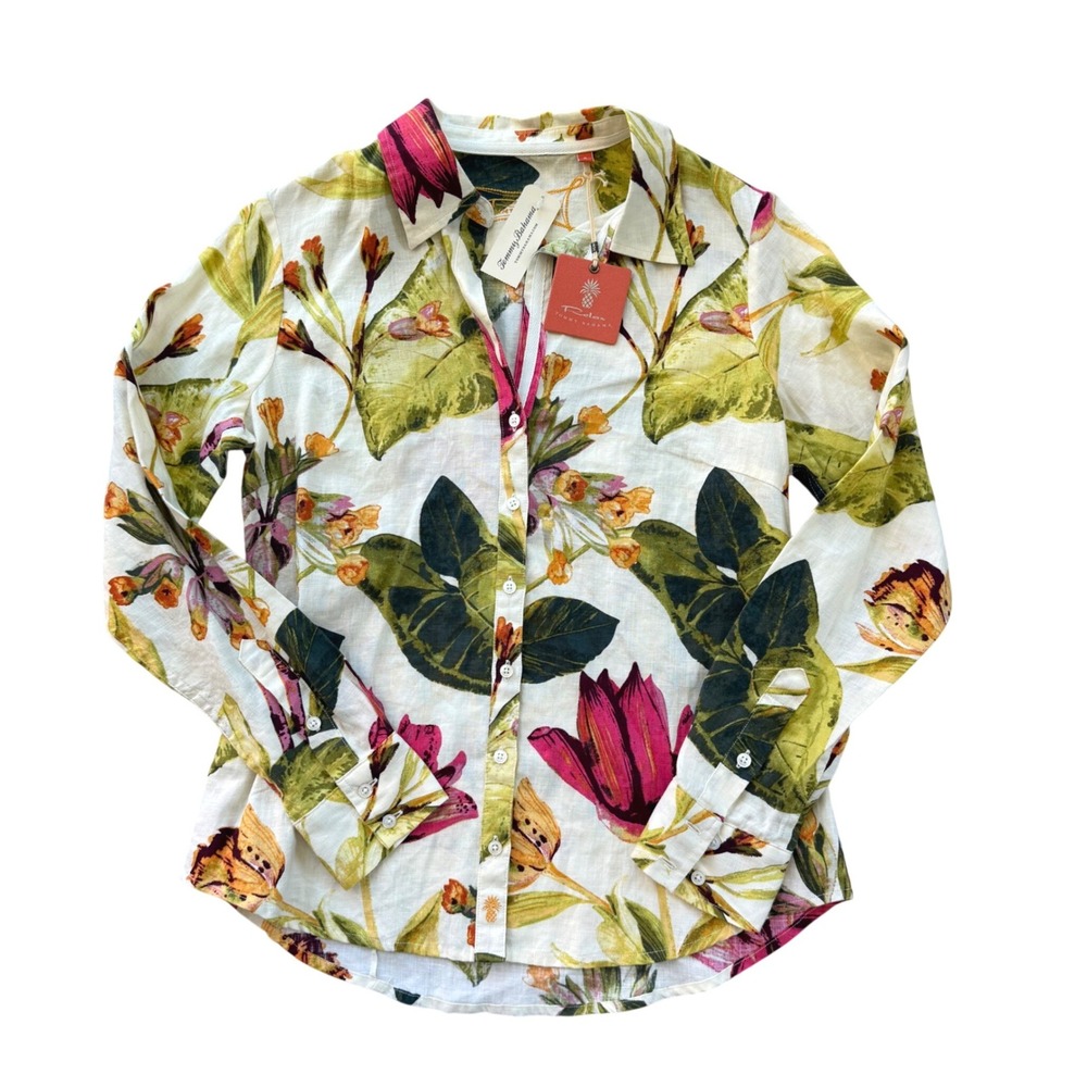 NWT Tommy Bahama Relax Freesia Floral Linen Shirt Bleached Sand Womens Small